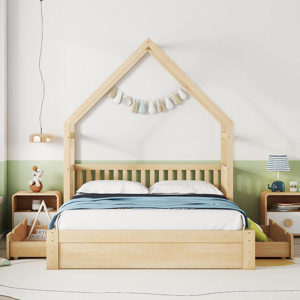 Queen Size Wood House Platform Bed with 2 Drawer for Toddlers and Baby, Modern Montessori Platform Bed Frame, No Box