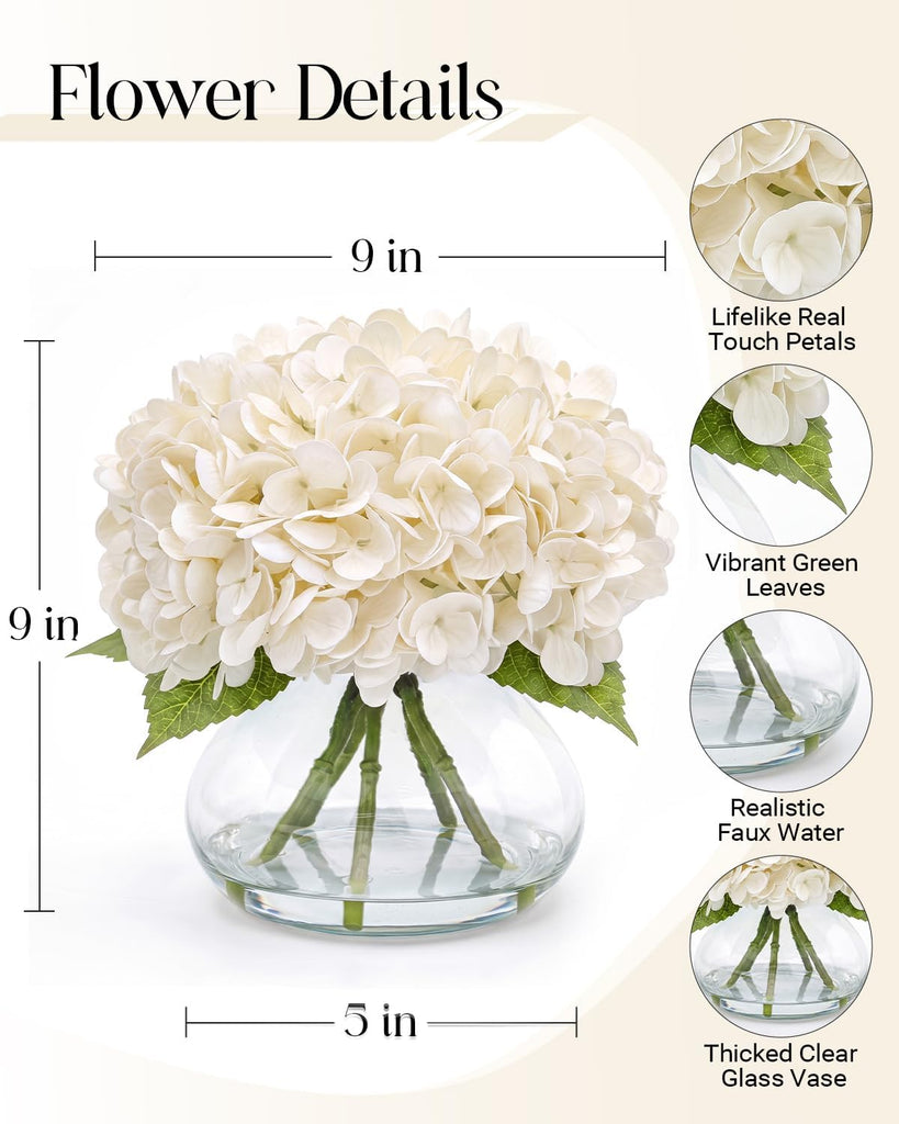 Hydrangea Artificial Flowers with Vase, Real Touch Latex, White - Set of 5