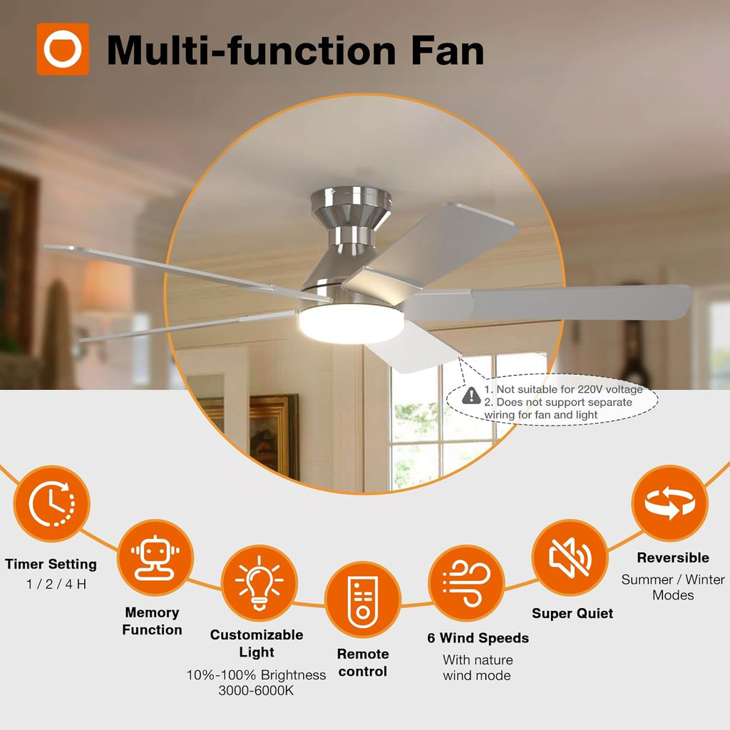 Ceiling Fans with Lights, 52 inch Low Profile Ceiling Fan with Light and Remote Control, Flush Mount, Reversible, 3CCT, Dimmable, Noiseless, Nickel Ceiling Fan for Bedroom, Indoor/Outdoor Use A103-B0CLNKVRZW