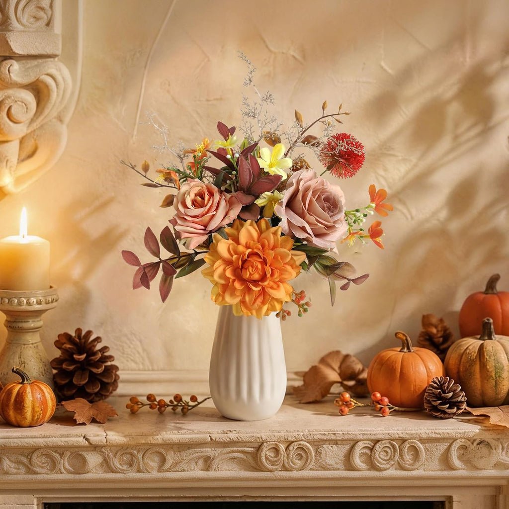 Small 11" Artificial Flowers in Ceramic Vase - Orange Silk Flower Centerpiece for Dining Table, Office, Wedding &