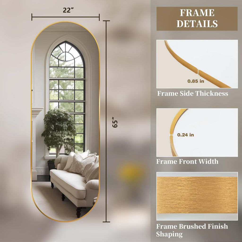 Oval Full Length, 65"×22" Wall-Mounted Floor with Metal Frame, Ultra-Clear Explosion-Proof Dressing, Simple and