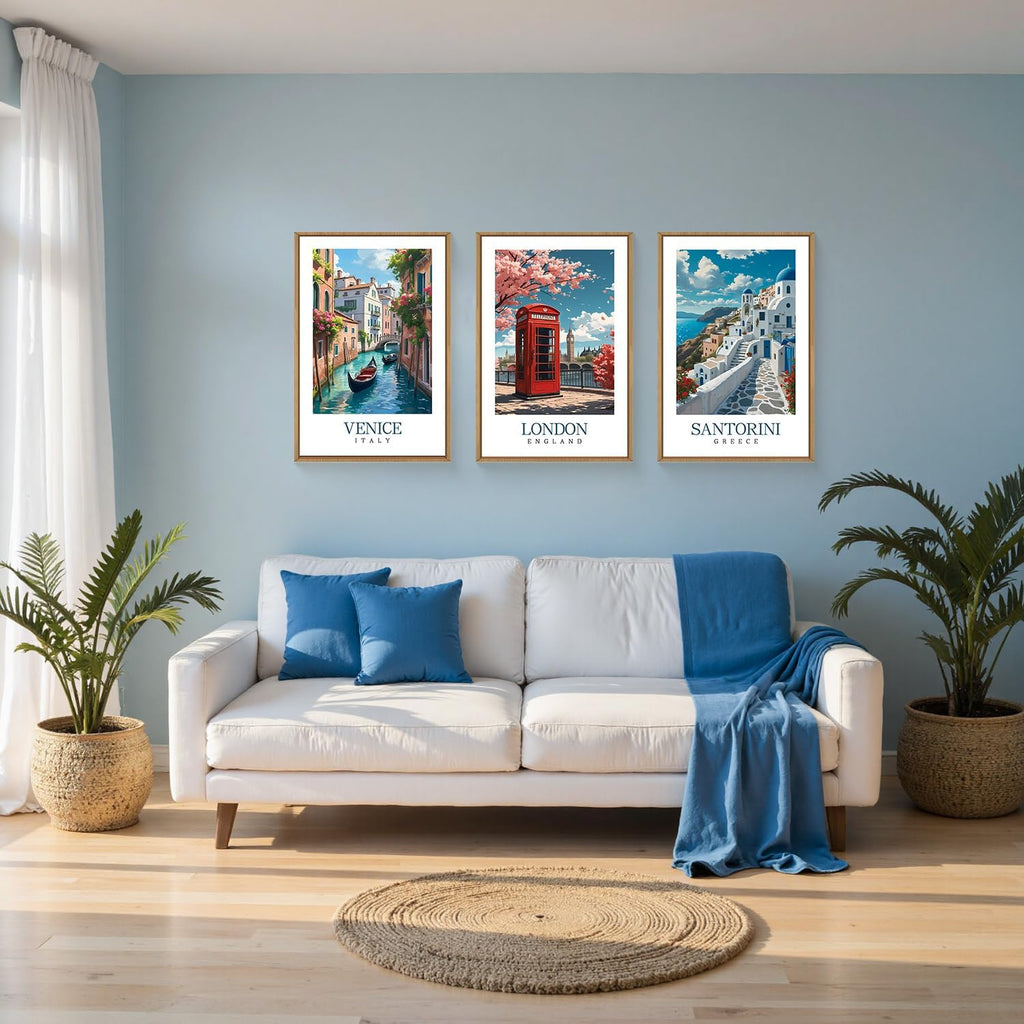 Italy Coast Wall Art Framed, Blue Europe Cityscape Italian Wall Decor set of 3 , Venice London Santorini