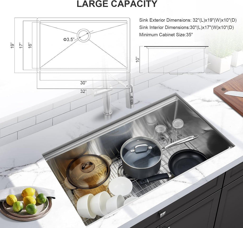 Undermount Kitchen Sink Workstaion 32x19x10 Inch Stainless Steel | 10" Deep Basin ,18 Gauge T304 Large Single Bowl