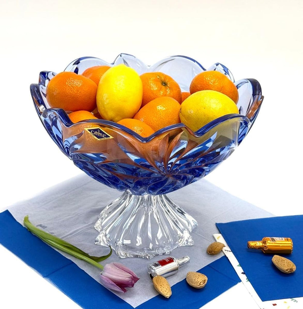 11.25-Inch Bohemian Crystal Footed Fruit Bowl FLORA, Gift Platter, Crystal, Deep Plate, Blue