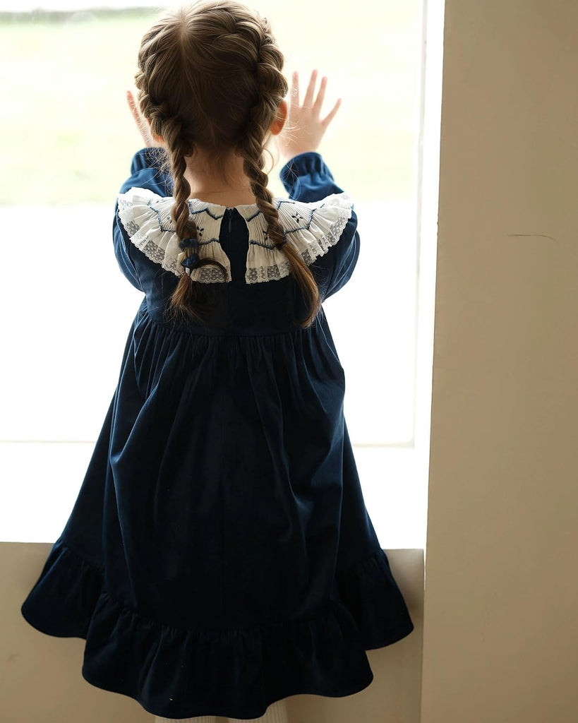 Baby Girls' Dresses,Toddler Vintage Christmas Party Velvet Fall Dress with Long Ruffle Sleeve and Peter pan Collar