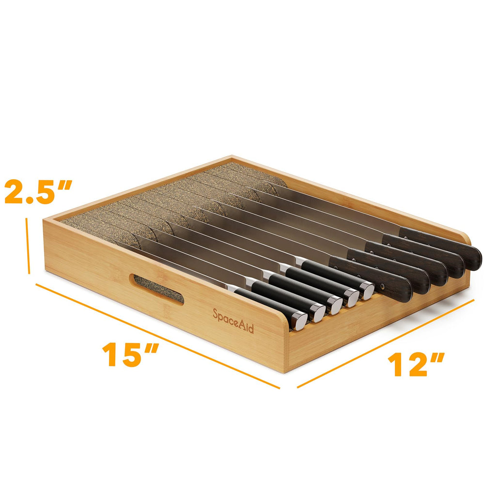 Large Knife Drawer Organizer Bamboo Insert Dock, Kitchen Steak Knives Holder Organizers Block for Drawer in Storage