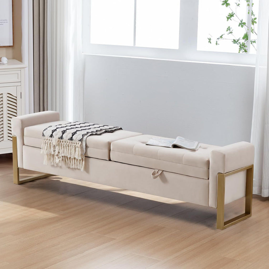 67" Storage Bench End of Bed, Velvet King Size Bed Bench with Double Lids and Gold Legs, Storage Ottoman Bench with