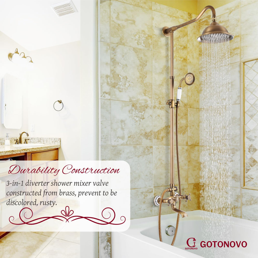 Vintage Exposed Shower Faucet Set with Tub Spout,Antique Brass