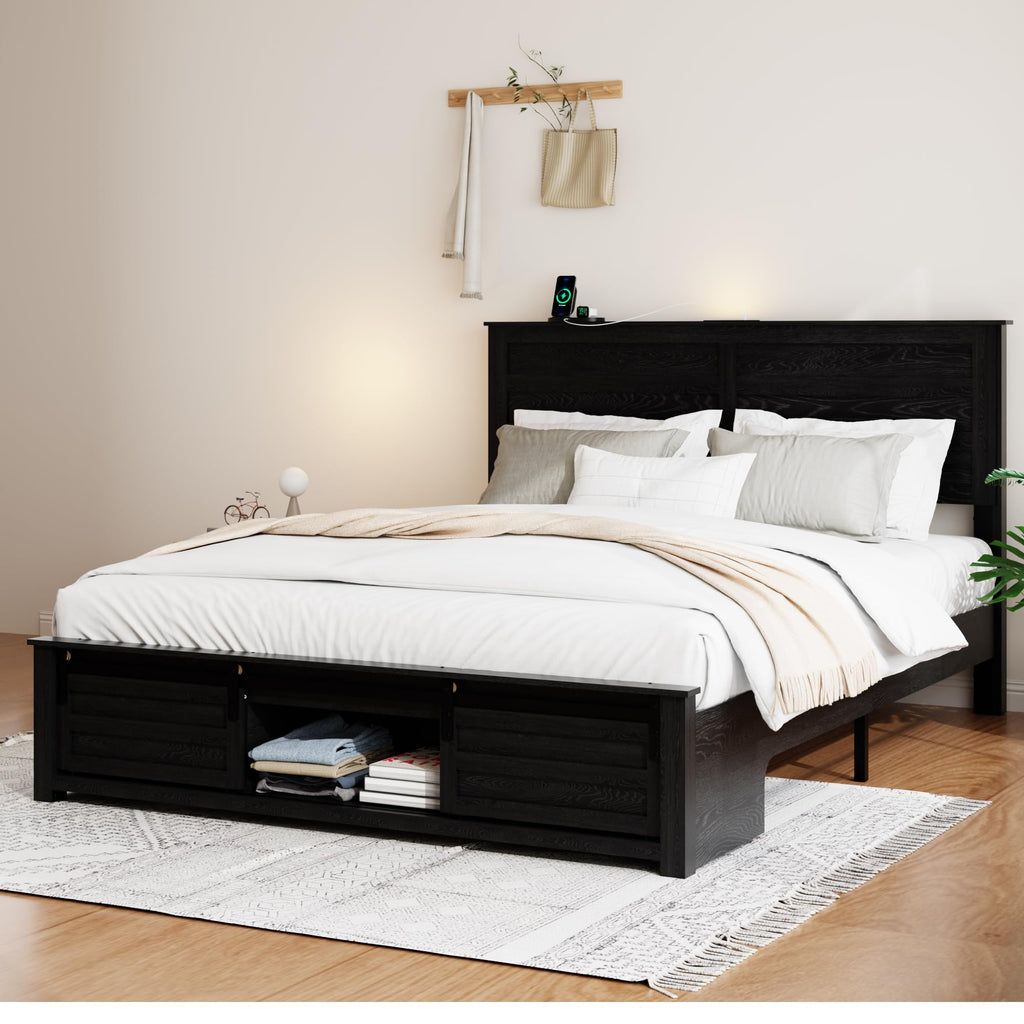 Wooden Bed Frame with Rustic Headboard Storage Bed Frame