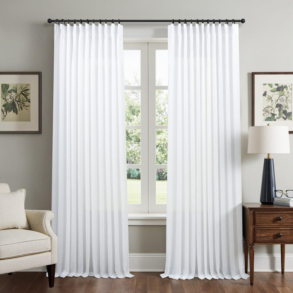Pinch Pleated Linen White Curtains 108 Inches Long 70 Inch Wide Divider Light Filtering Thick Sheer Patio Curtains
