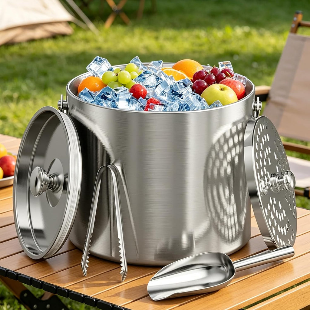 Ice Bucket, Ice Bucket with Lid Ice Tong Ice Scoop and Strainer for Cocktail Parties 3L Stainless Steel Insulated Ice