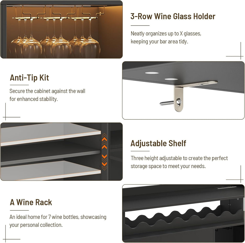 Wine Bar Cabinet with LED Lights & Charging, Modern Liquor Cabinets with 2 Ample Storage Drawers, Wine and Glass