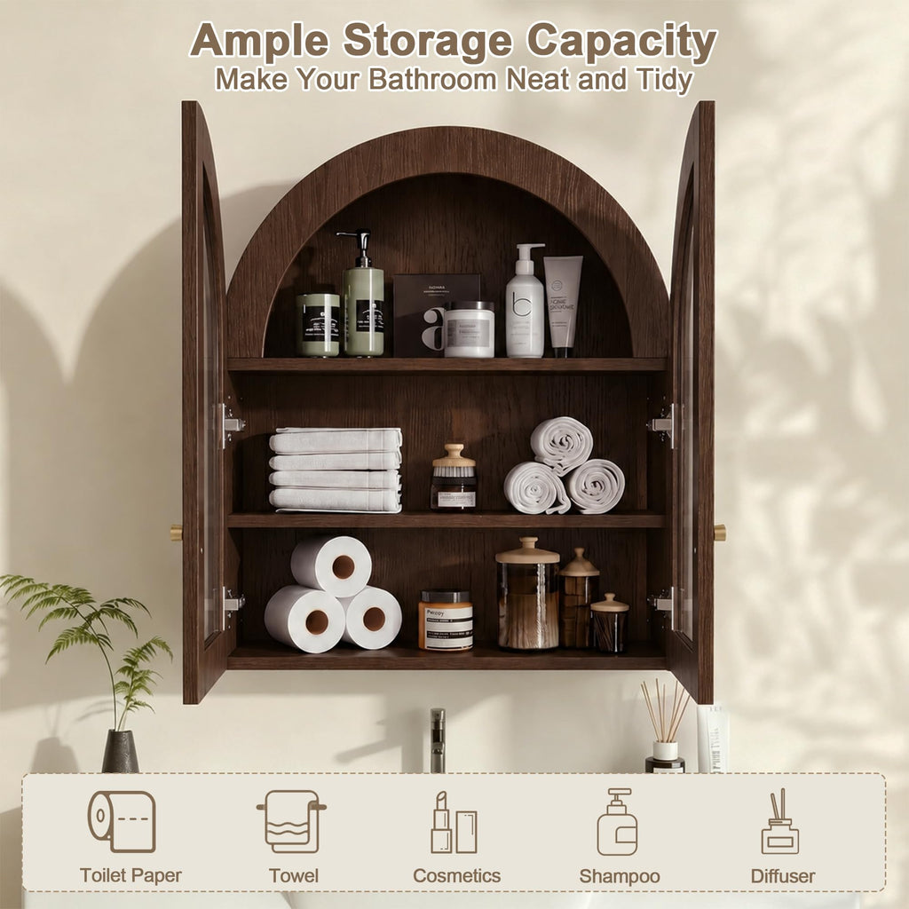 Arched Wall Cabinet, Bathroom Cabinet Wall Mount with Glass Doors & Adjustable Shelf, Floating Medicine Cabinet