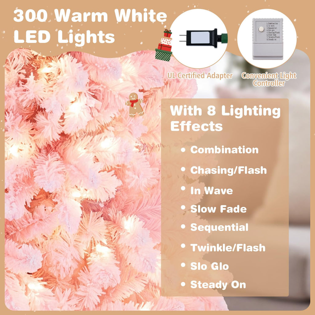 7FT Pre-Lit Pencil Christmas Tree, Snow Flocked Pink Xmas Tree