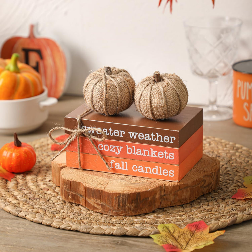 Fall Tiered Tray Decor, Wood Book Stack with Maple Leaves & Pumpkins