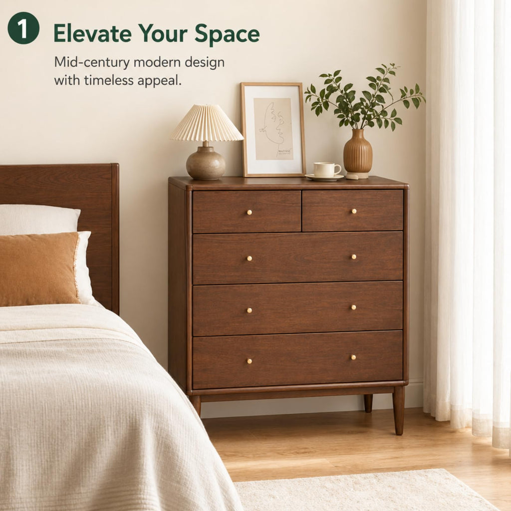 100% Solid Wood Nightstand with 5 Drawer, 5 Drawer Side Table, Wooden Storage Organizer, Tall Walnut Nightstand