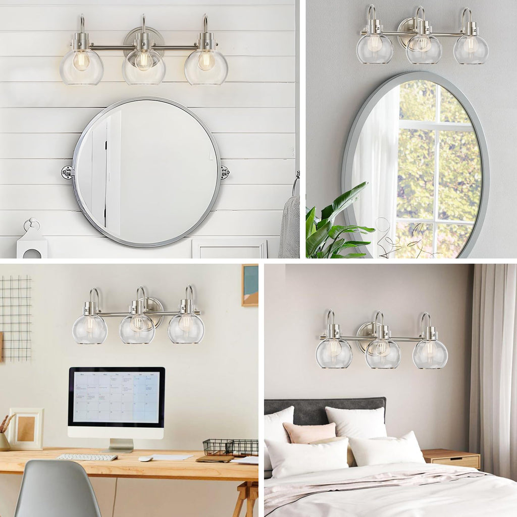 3 Lights Vanity Light, Brushed Nickel Bathroom Light Fixtures, Farmhouse Wall Sconces with Globe Clear Glass Shade