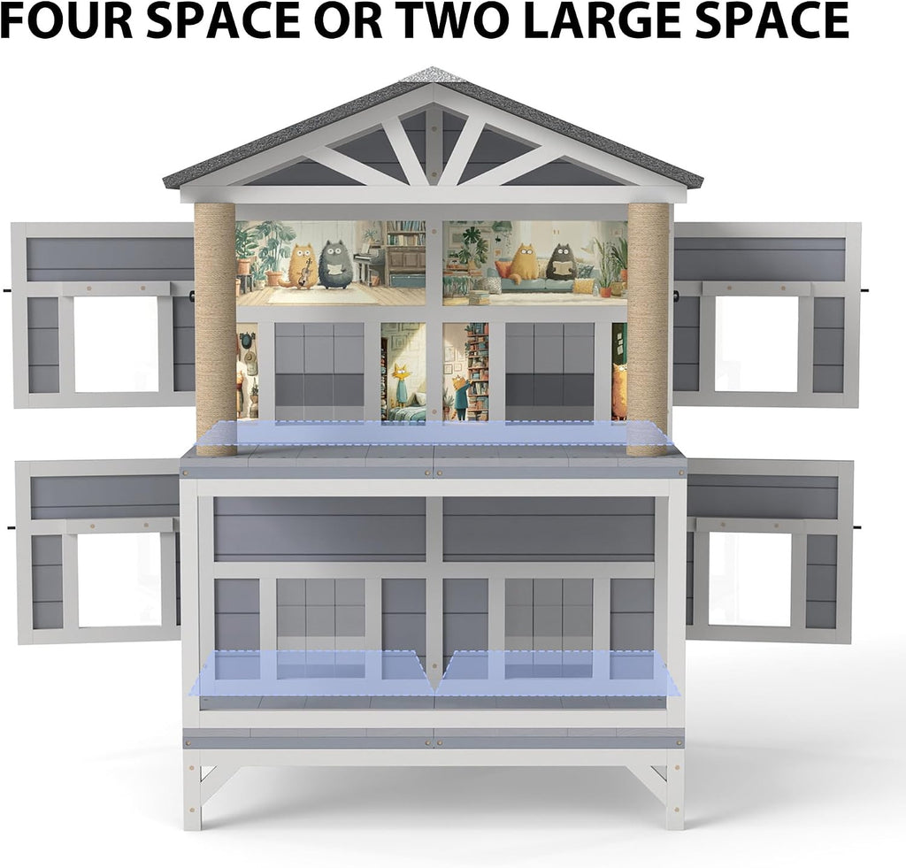 Double-Layer Feral Cat House, 50" Tall Weatherproof Outdoor Cat Shelter with 4 Sleeping Compartments, Asphalt Roof