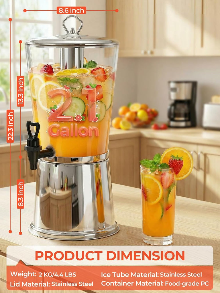 Beverage Dispenser With Stand 2 Gallon, Stainless Steel Drink Dispenser