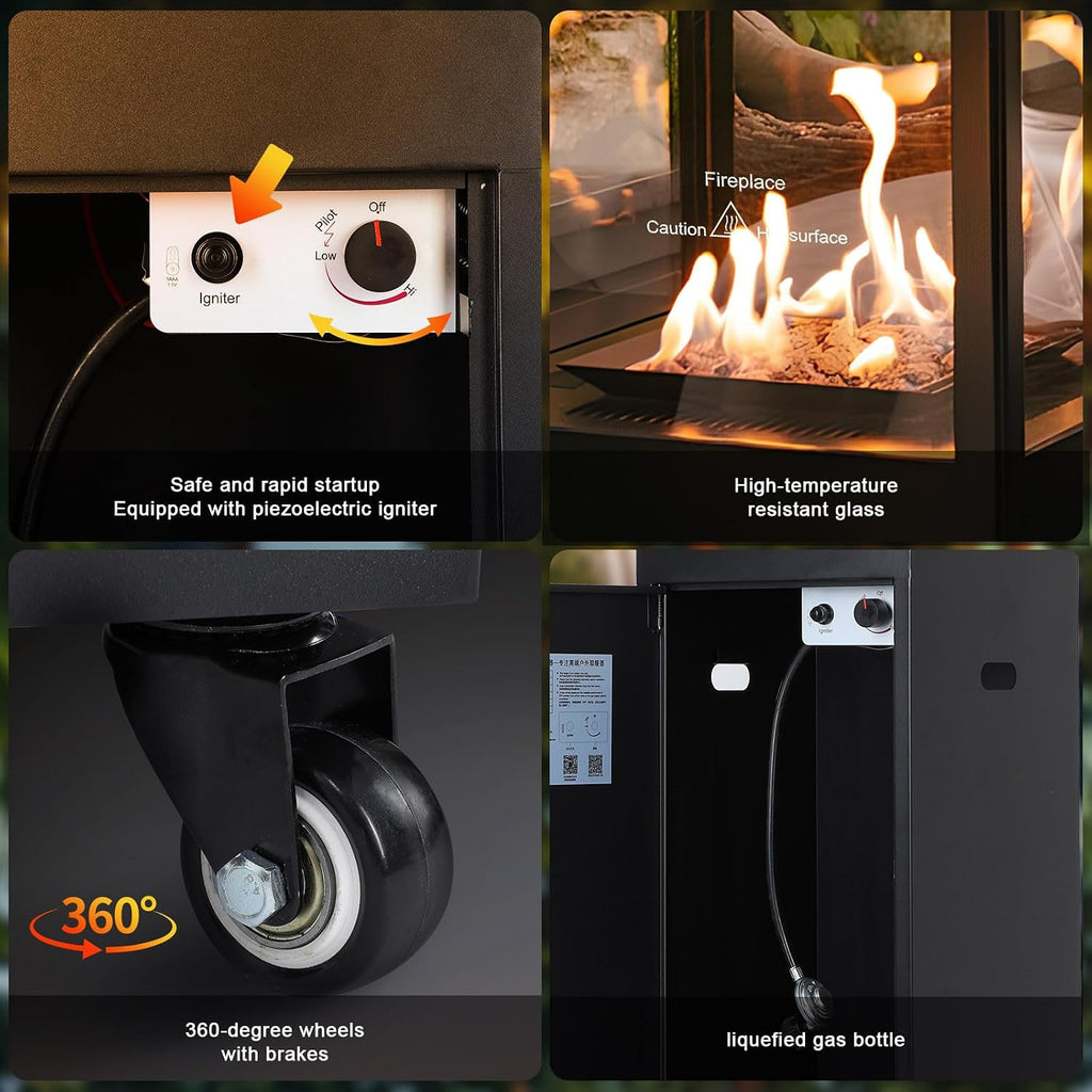 Outdoor Propane Heater: Standing Gas Heater With Glass Panel Lockable Wheels, 41,000 Outdoor Heating Burner Garden
