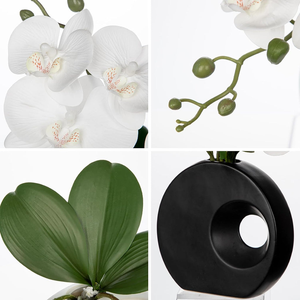 Artificial Orchid Flowers in Black Modern Ceramic Vase 15.7" Tall White Faux Orchid Arrangement Silk Orchid Flower