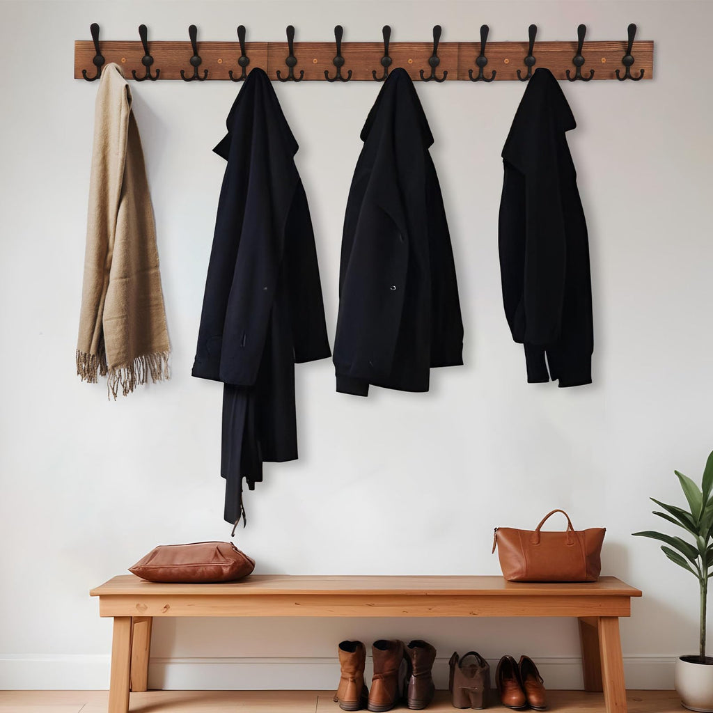 Wall Mount Coat Rack 47.3'' Burnt Brown Hanger - Rustic Towel Rack - Hooks for Coats, Hats, Clothes