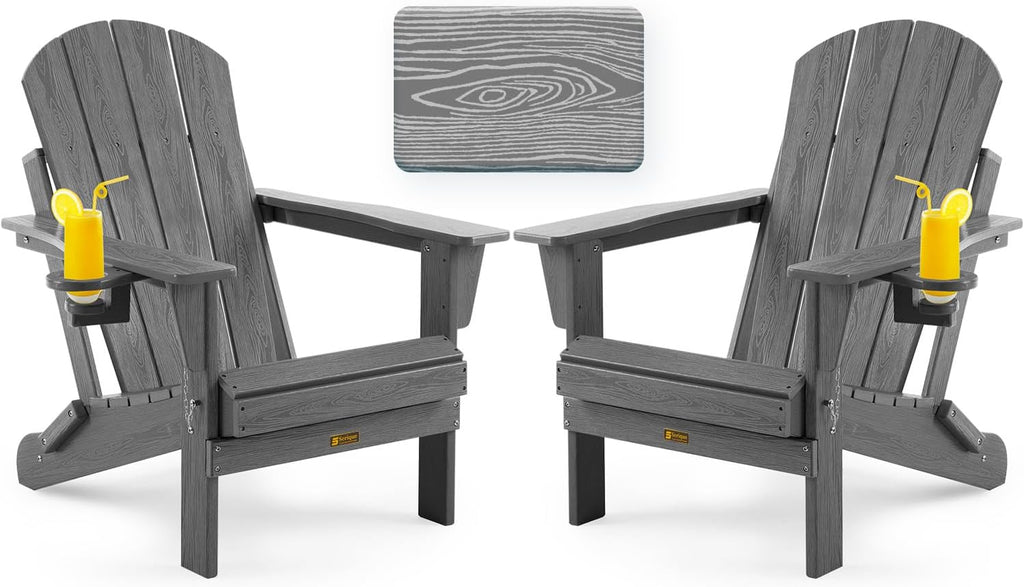 Folding Adirondack Chair, Patio Chair Wood Texture, Outdoor Chair Weather Resistant, Fire Pit Chair with Cup Holder