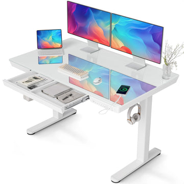 Glass Standing Desk with Drawers & USB Ports 48x24 Inch, White