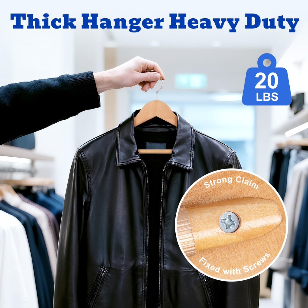 Wide Shoulder Wooden Hangers, Suit Hangers with Non Slip Pants Bar, Smooth Finish 360° Swivel Hook High-Grade Solid