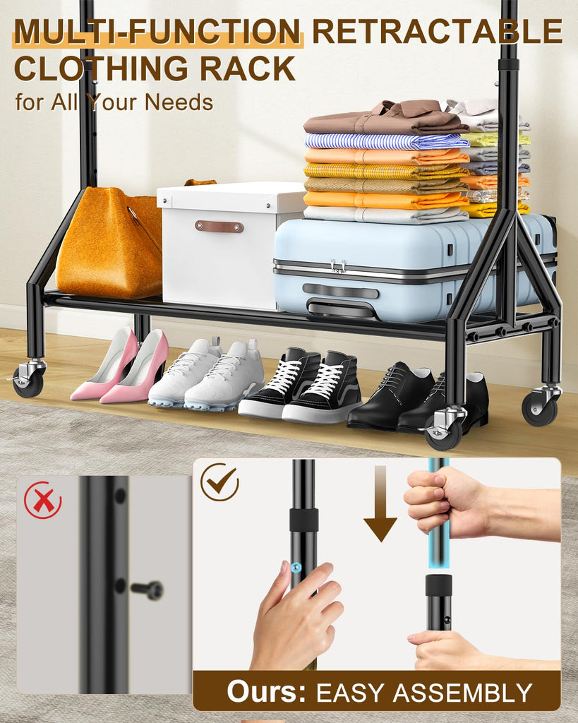 Heavy Duty Clothes Rack Load 520LBS, Adjustable Rolling Clothing Rack with Sturdy Wheel, Industrial Closet Garment
