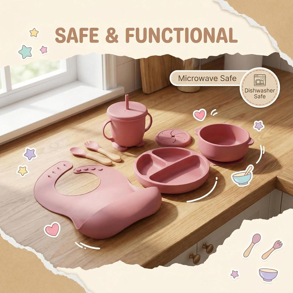 Feeding Set with Suction Bowls, Divided Plate, Adjustable Bib, Wooden Handle Utensils, Training Cup, Piece Weaning