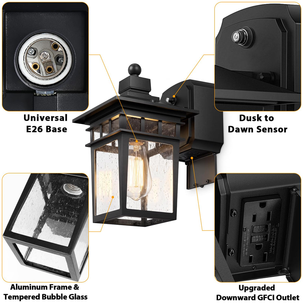 Porch Lights with GFCI Outlet, Dusk to Dawn Outdoor Wall Sconce Black