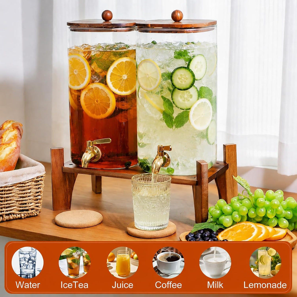 1.5 Gallon Square Drink Dispensers for Parties,Beverage Dispenser with Wood stand&Lid,Large Water Dispenser - Set of 2