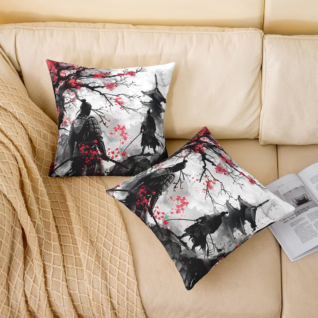 Japanese Samurai Throw Pillow Covers 18"x18" Set of 2 Boys Girls