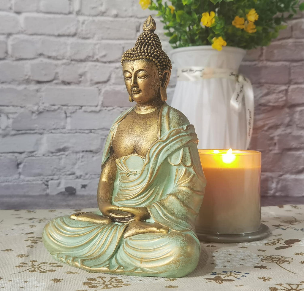 7.5" Gold Buddha Statue Decor - Serene Meditation Decor, Zen-Inspired Buddha Sculpture with Blessing Services Included