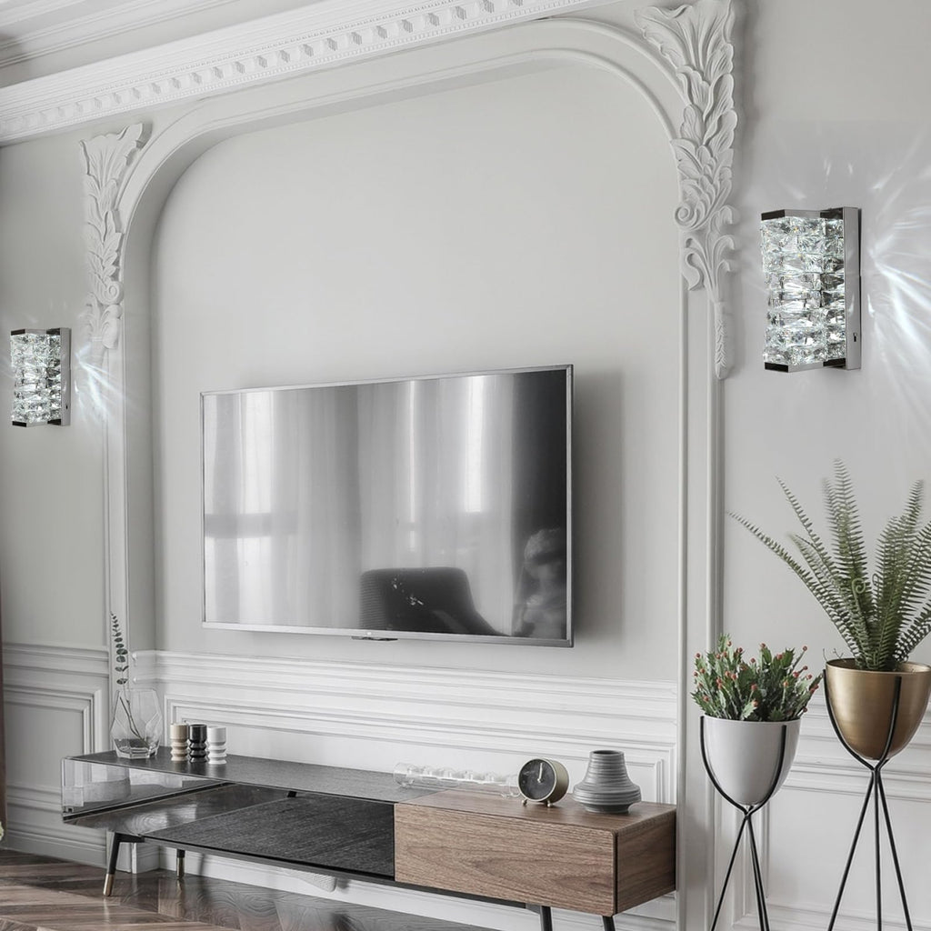 Chrome Crystal Wall Sconces, Modern Dimmable LED Wall Light Fixtures with 3 Color Temperature, K9 Elegant Crystal