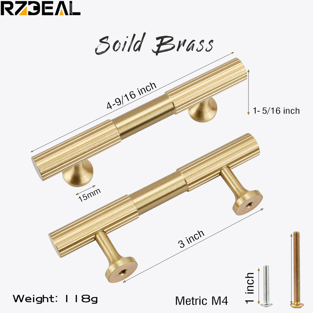 4pcs Solid Brass Gold Cabinet Pulls, 3-Inch Hole Centers Cupboard Handles Modern Drawer Dresser Pulls Bathroom