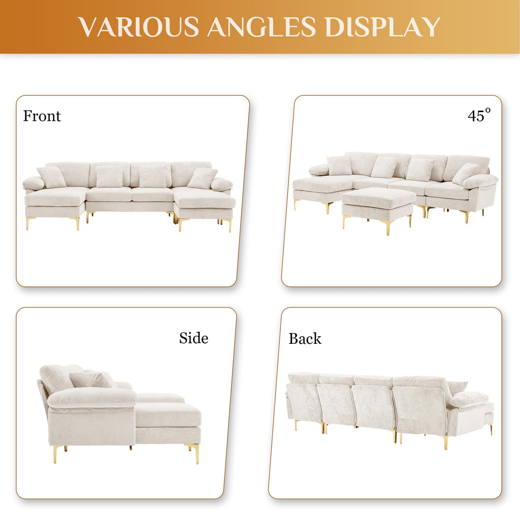 114" U-Shaped Velvet Sectional Couch with Ottoman, White