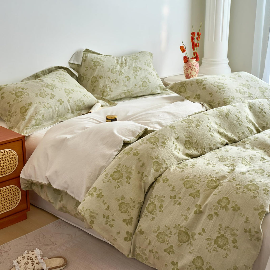 Sage Green Floral Duvet Cover Twin XL Textured Design, Premium Muslin Cotton Coquette Floral Comforter Cover Set for