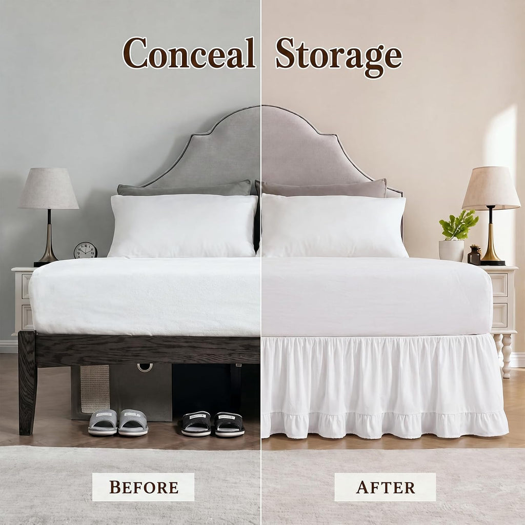 White Ruffled Queen Bed Skirt, 14 Inch Drop, Split Corners, Boho | Fits 60 x 80 in Queen Beds; 3 Sided Coverage;