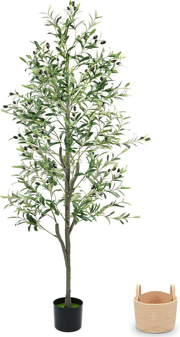 Olive Trees Artificial Indoor 6FT, Faux Olive Tree with Woven Basket & Natural-Looking Wood Trunk, Realistic Leaves &