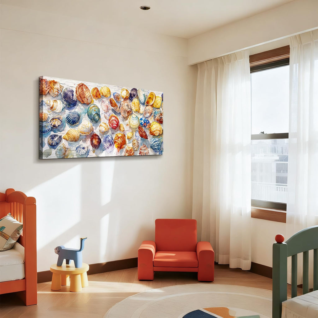 Oversized Seashell Wall Art, Boho Summer Beachy Colorful Paintings