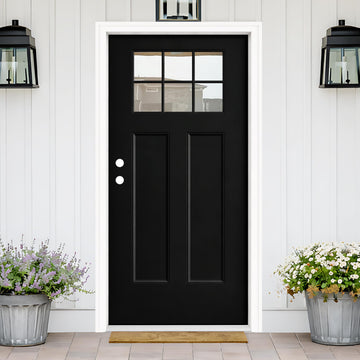 Fiberglass Front Doors Exterior, 36 x 80 Black Entry Door Right Hand Inswing with Brickmould, Vinyl Frame, Woodgrain