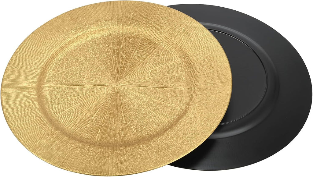 Inch Gold Charger Plates, Round Reef Pattern, Plastic, for Dinner Plates, Wedding Decor, Table Setting - Set of 12