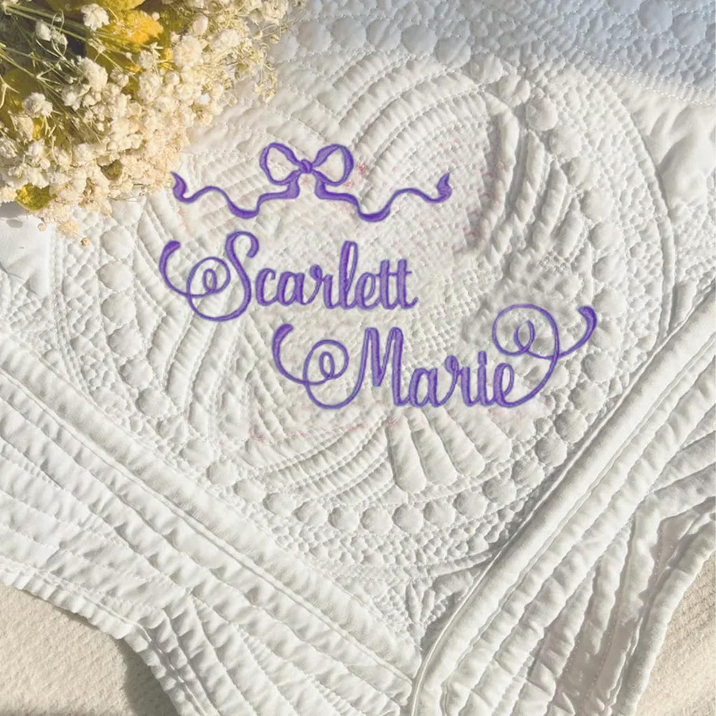 Personalized Baby Blanket Quilt with Name, Custom Embroidered Monogrammed and Bow Nursery Blankets Heirloom Quilt