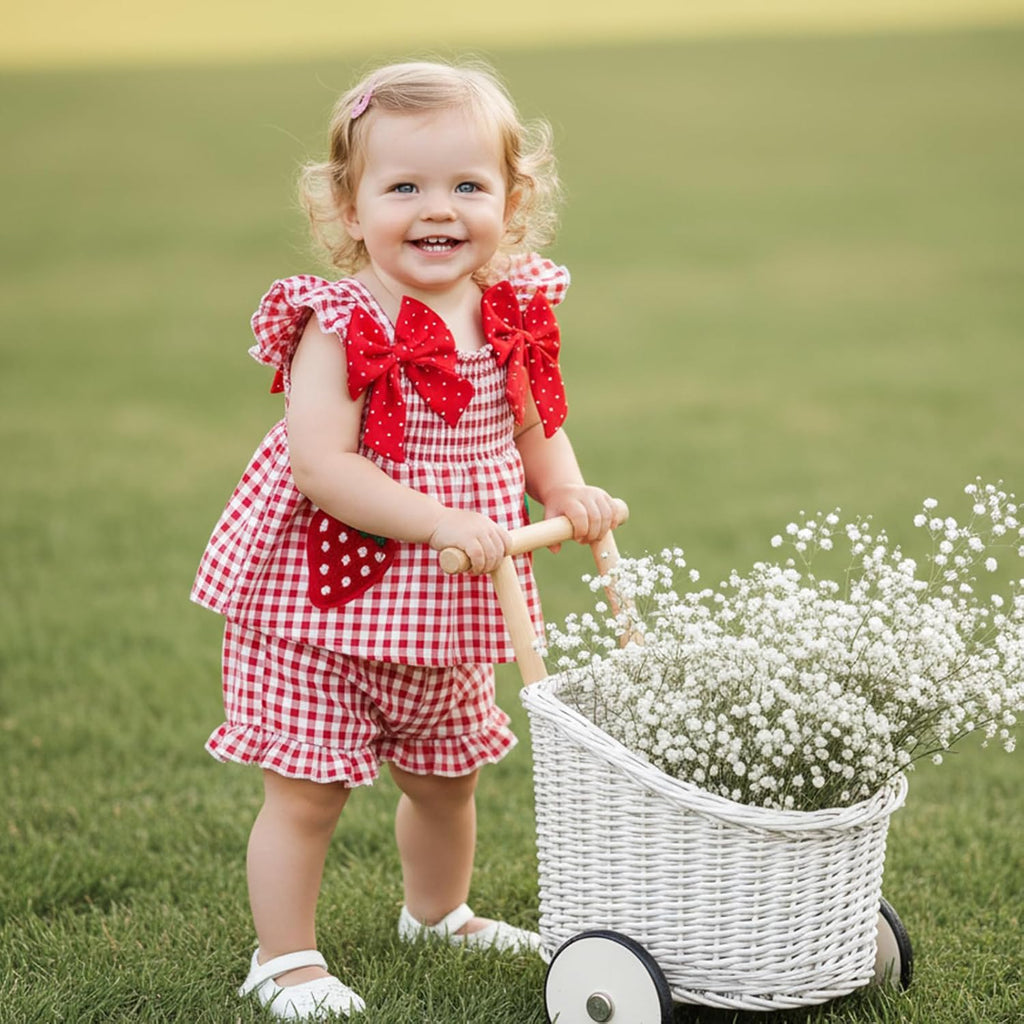 Toddler Baby Girl Outfits Summer Ruffle Shirt Tops Dress Plaid Shorts Cute Strawberry Embroidered Clothes Set