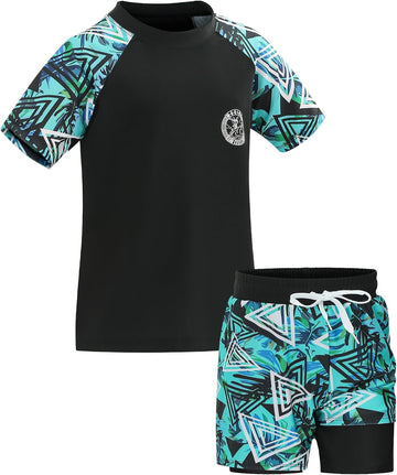 Boys Short Sleeve Rash Guard with Compression Liner Swim Trunks Quick Dry 2 Pieces Sun Shirt Swimwear Set