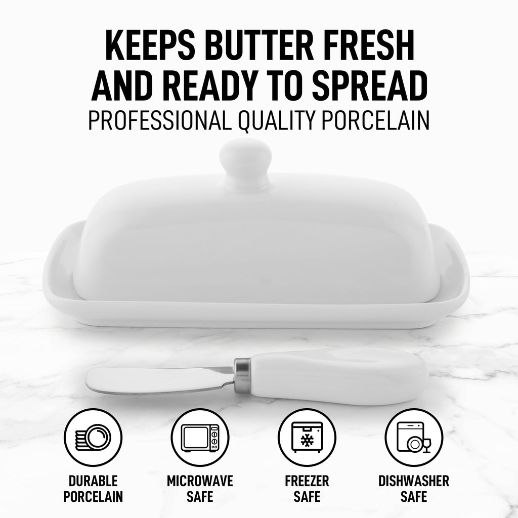 Ceramic Butter Dish with Lid For Countertop & Stainless Steel Knife - Keeps Butter Soft & Fresh - White Butter Dish