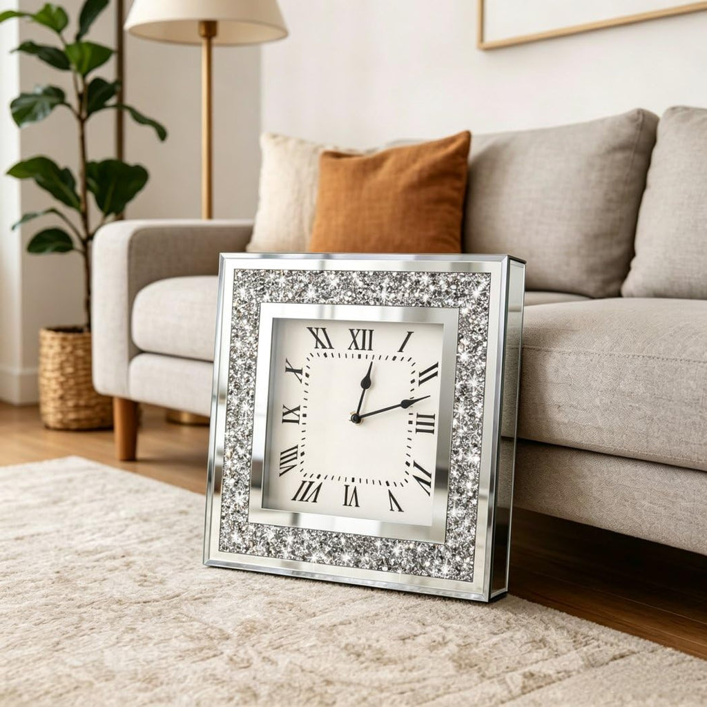 Crystal Crush Diamond Mirrored Square Wall Clock with Sparkle Twinkle Bling Diamond Decor for Wall Decoration