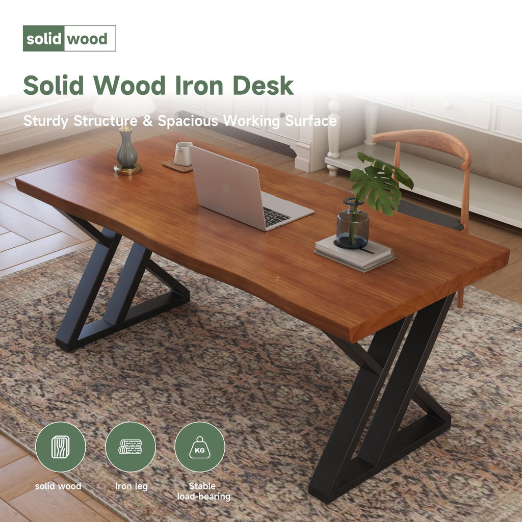 47inch Solid Wood Desk with Metal Legs, Rustic Brown, Industrial Style Writing Table